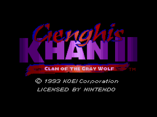 Genghis Khan II Clan of the Gray Wolf title screen for Super Nintendo
